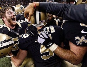 Kai Forbath celebrating after his 50 yard game winning field goal for the Saints. (2015)